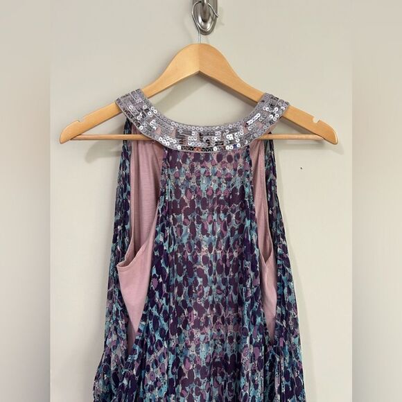 Free People Tunic Top Asymmetrical Purple Blue Sequin Collar Boho Lined Flowy - Picture 10 of 11
